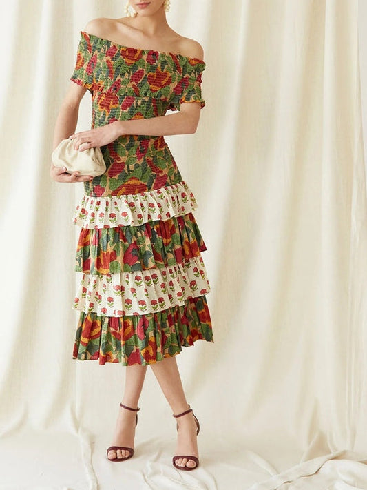 Off-the-shoulder Multicolor Floral Midi Dress