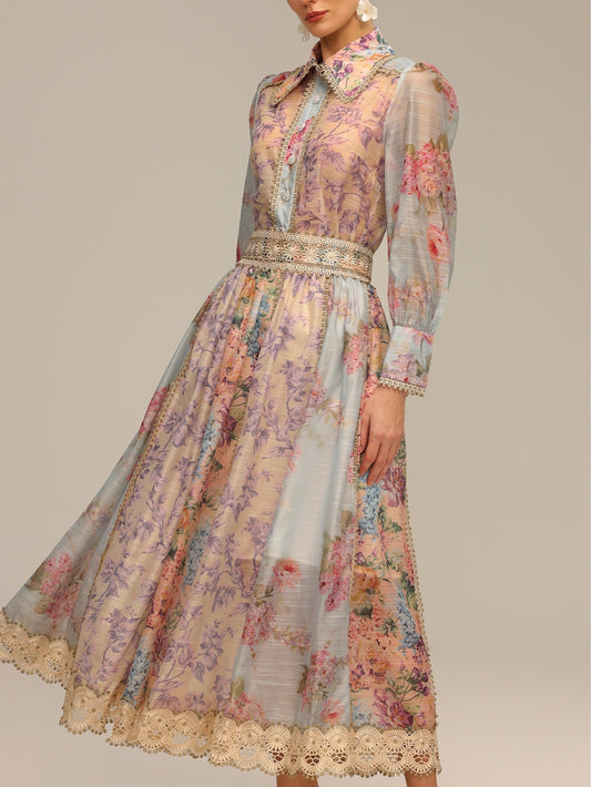 Bohemian Long Sleeve Floral Print Lace Top and Skirt 2-Piece Set