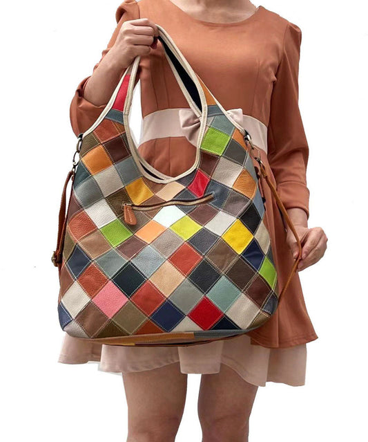 Stylish Multi Color Plaid Floral Patchwork Zippered Calf Leather Satchel BAG
