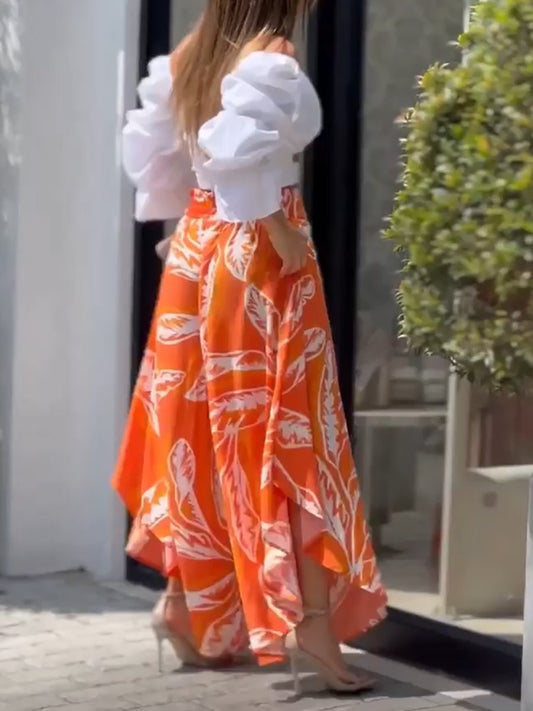 Two-piece set of cropped top & printed wide-leg pants
