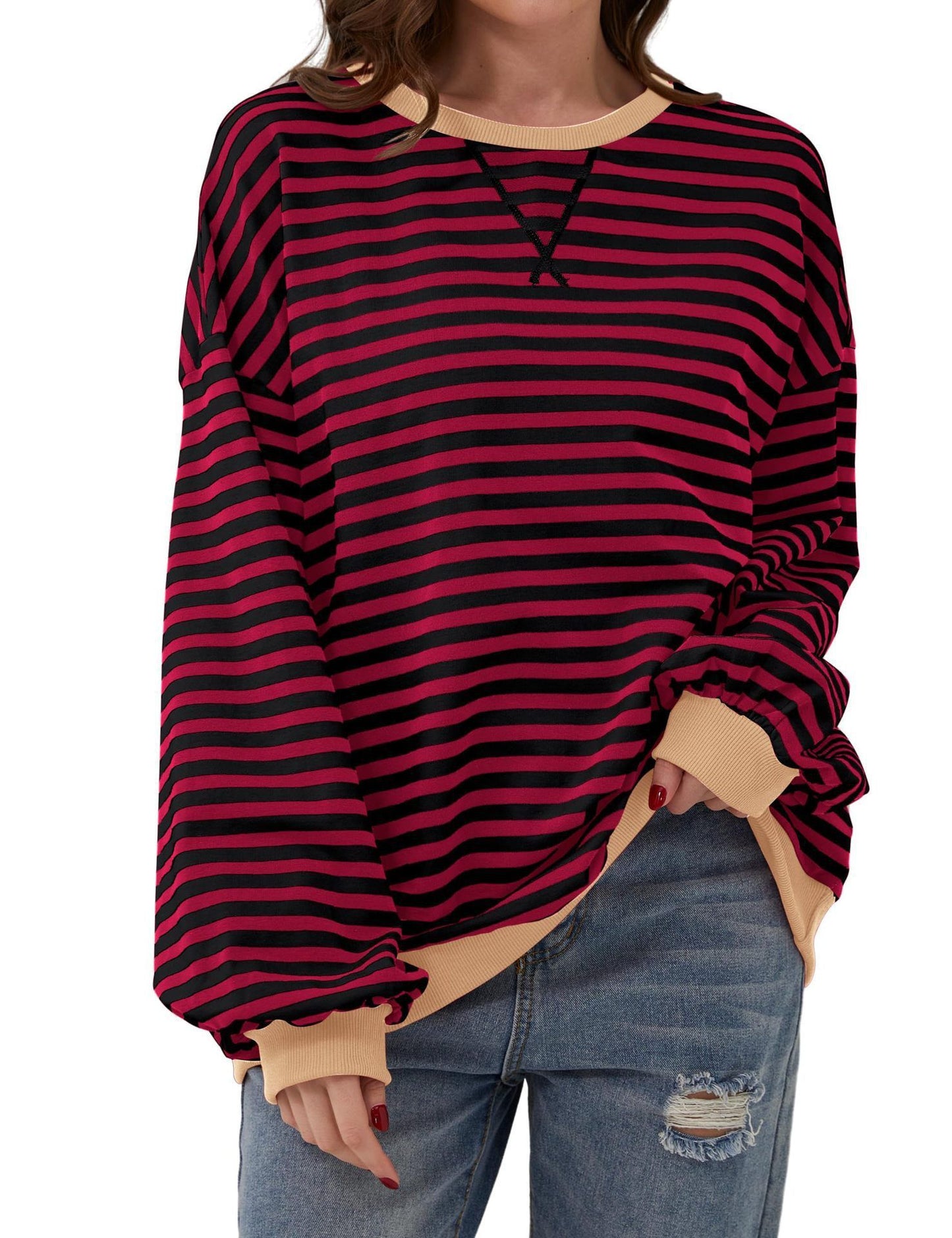 WOMEN'S OVERSIZED STRIPED LONG SLEEVE PULLOVER (BUY 2 FREE SHIPPING)