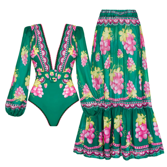 Vibecurve® Long-sleeved Retro Green Grapes Print One Piece Swimsuit and Skirt