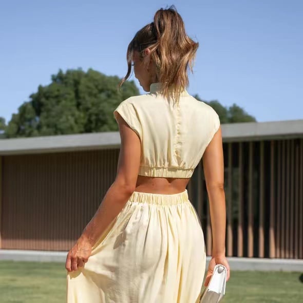 Cutout Waist Pocketed Vacation Midi Dress