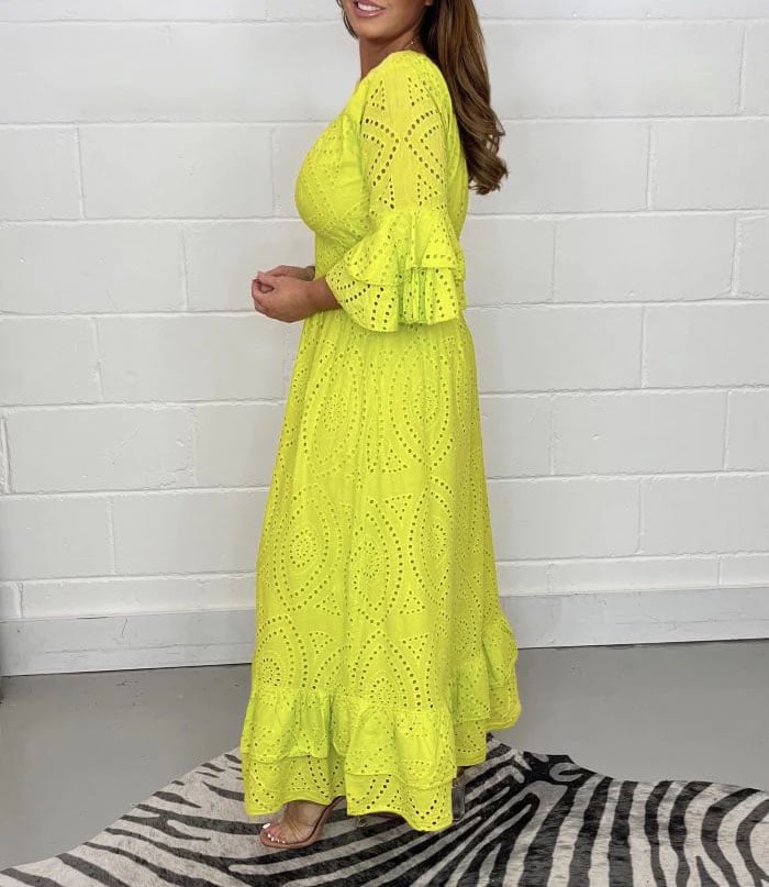 BUY 2 FREE SHIPPING-Embroidery Anglaise Frill Sleeve Midi Dress
