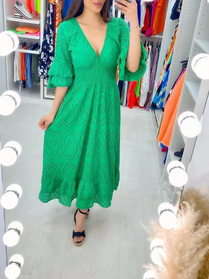 BUY 2 FREE SHIPPING-Embroidery Anglaise Frill Sleeve Midi Dress