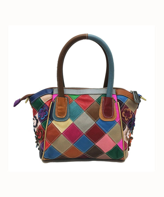 Handmade Colorblock Floral Patchwork Calf Leather Tote BAG