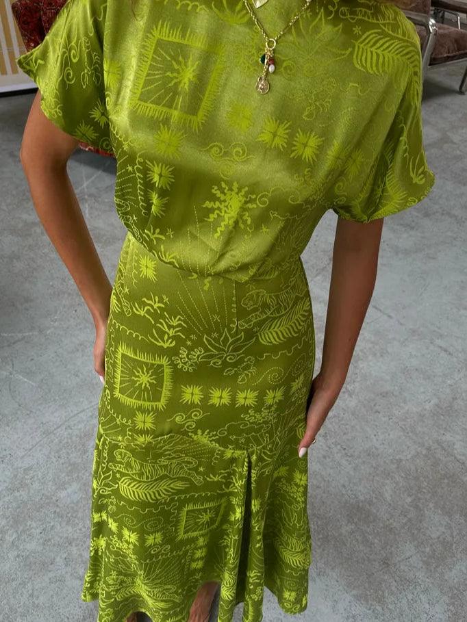 Lime Green Satin Print Elegant Dress