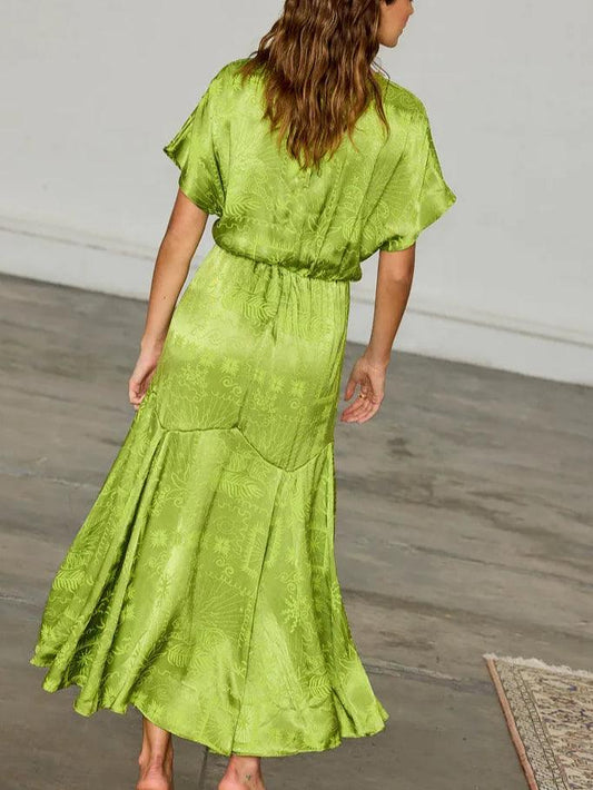 Lime Green Satin Print Elegant Dress