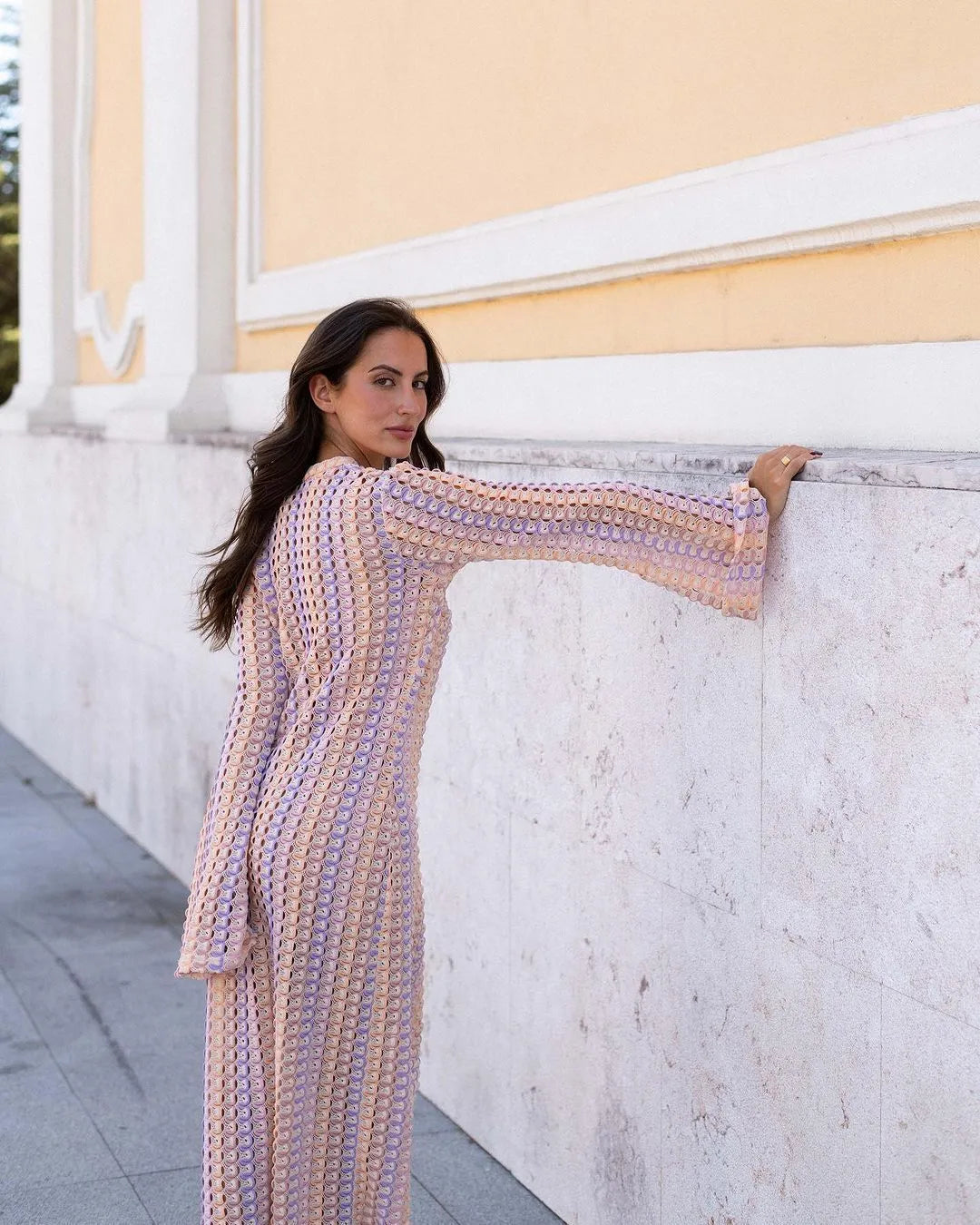 Vibecurve® Women’s Striped Maxi Dress Long Knit Beach Dresses Loose Fit Sexy Summer Contrast Color Side Slit Hollow Out Sundress