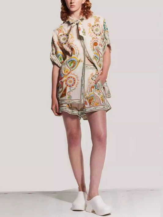 Linen Graffiti Linen Macaron Lapel Shorts Set