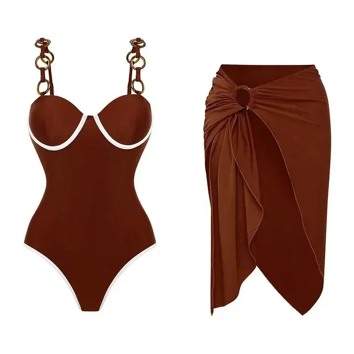 Vibecurve® Women's Ring Strap Push Up onePiece Swimsuit and Matching Skirt Set BathingSuit Outdoorfun