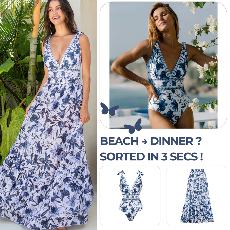 V Neck Lace Up Printed One Piece Swimsuit and Skirt