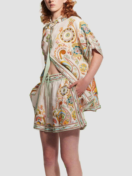 Linen Graffiti Linen Macaron Lapel Shorts Set