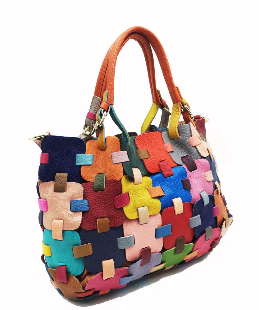 Beautiful Multicolour Patchwork Zippered Calf Leather Tote BAG