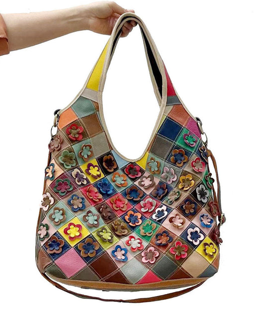 Stylish Multi Color Plaid Floral Patchwork Zippered Calf Leather Satchel BAG
