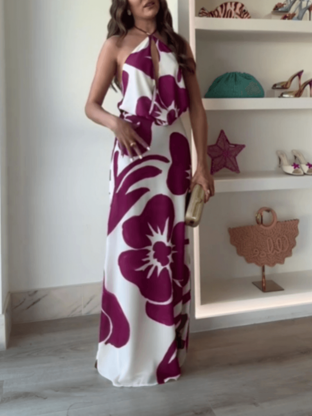 Printed hollow halter neck maxi dress