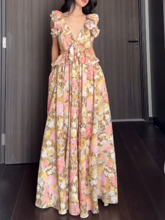 Warm Print Ruffled Cutout Maxi Dress