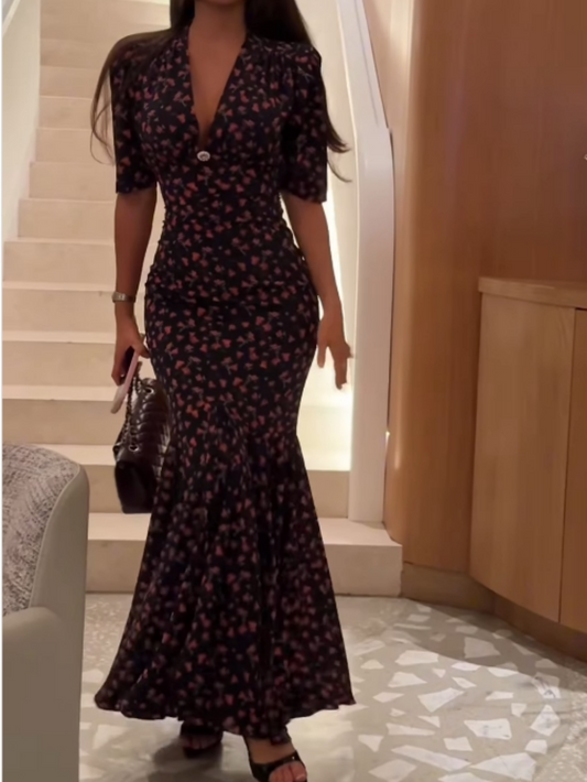 Floral V-neck fishtail maxi dress