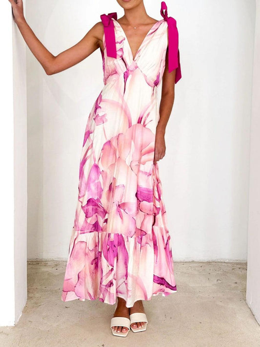 Lace-up V-neck printed dress