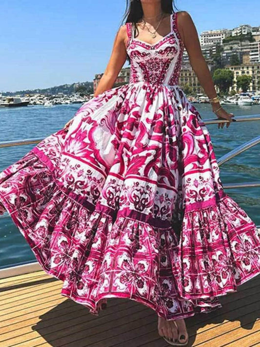 Printed Shirred Strap Maxi Dress
