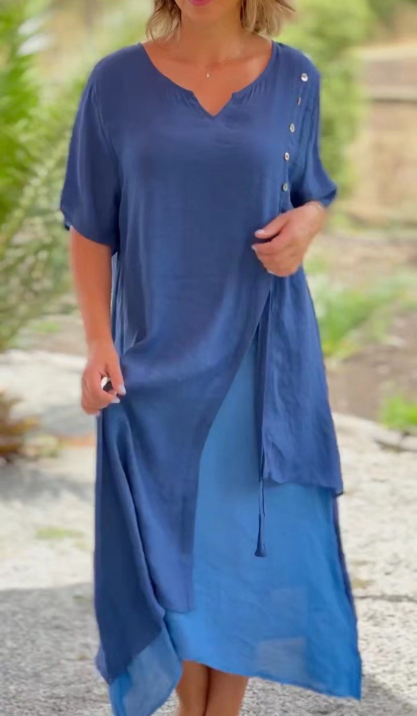 Designer Asymmetric Dress  V-neck Short-Sleeved
