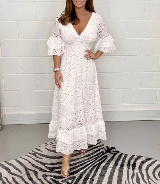 BUY 2 FREE SHIPPING-Embroidery Anglaise Frill Sleeve Midi Dress