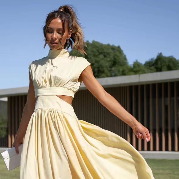 Cutout Waist Pocketed Vacation Midi Dress