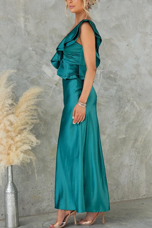 Ruffle One Shoulder Sleeveless Maxi Satin Dress