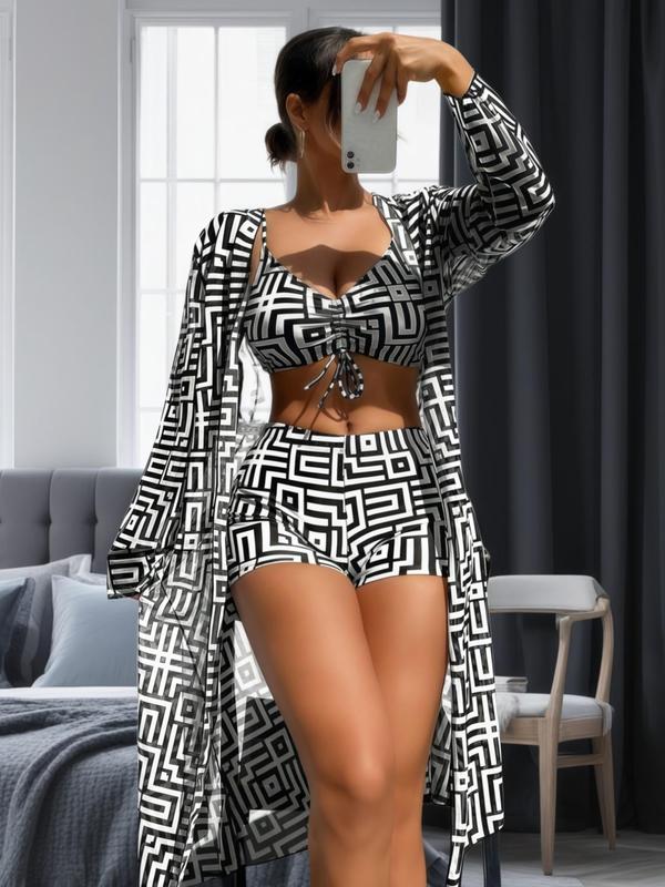 Vibecurve® Three-Piece Set Women's Geometric PrintDrawstring Swimsuit Set