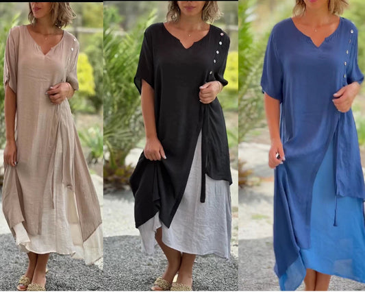 Designer Asymmetric Dress  V-neck Short-Sleeved