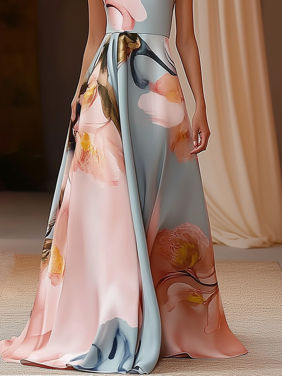 Flower Printed Boat Neck Sleeveless A-Line Maxi Dress