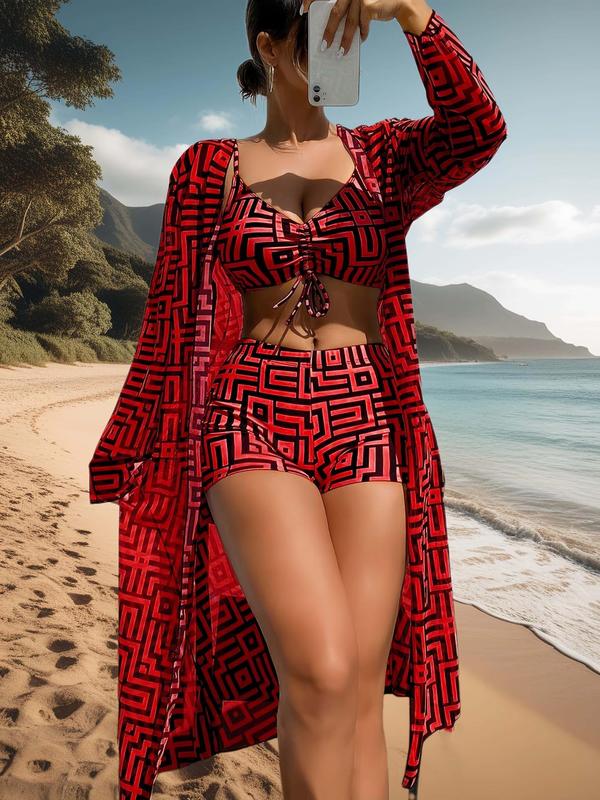 Vibecurve® Three-Piece Set Women's Geometric PrintDrawstring Swimsuit Set
