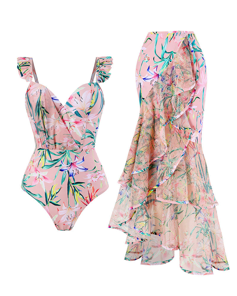 Vibecurve® Women's One Piece Swimsuit with Beach Cover up Wrap Skirt Sarong Retro Floral Print Bikini Set Two Piece Bathing Suit