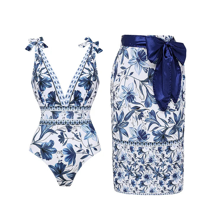 V Neck Lace Up Printed One Piece Swimsuit and Skirt01