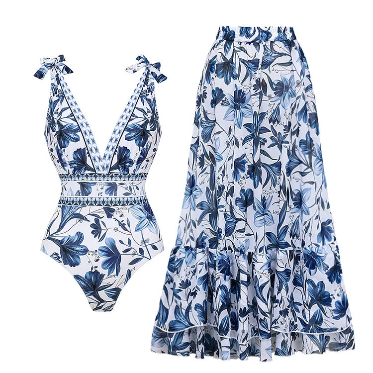 V Neck Lace Up Printed One Piece Swimsuit and Skirt01
