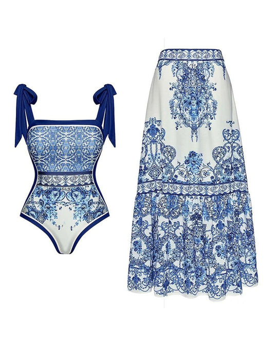 Vibecurve® Blue And White Porcelain One Piece Swimsuit Set
