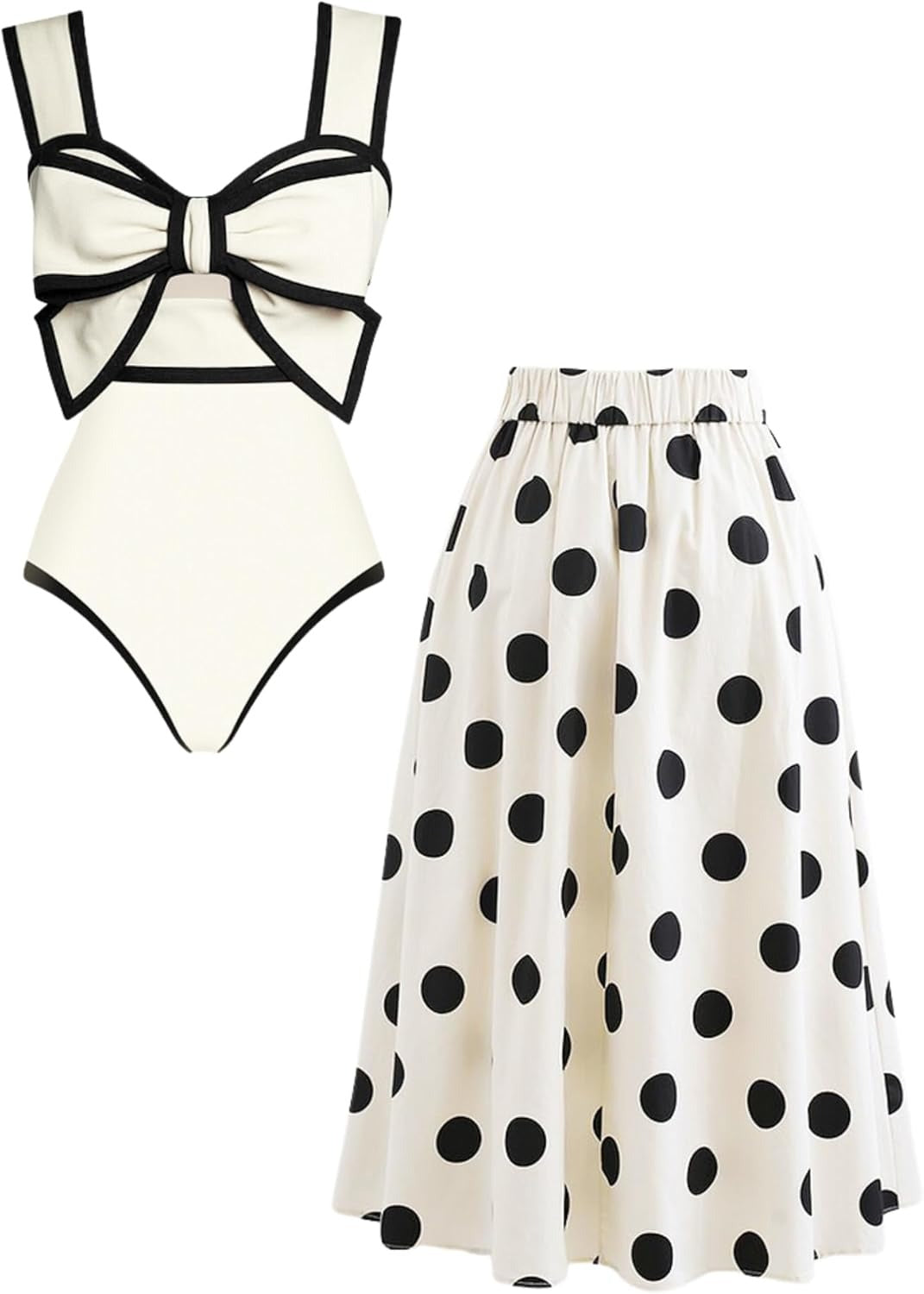 Vibecurve®Black and White Swimsuit Bow-tie Decor Women's Polka dot Print Skirt One Piece Bathing Suit with Skirt