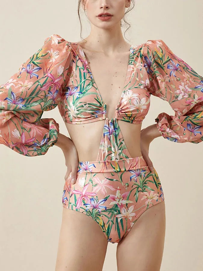 Vibecurve® Women's One Piece Swimsuit with Beach Cover up Wrap Skirt Sarong Retro Floral Print Bikini Set Two Piece Bathing Suit