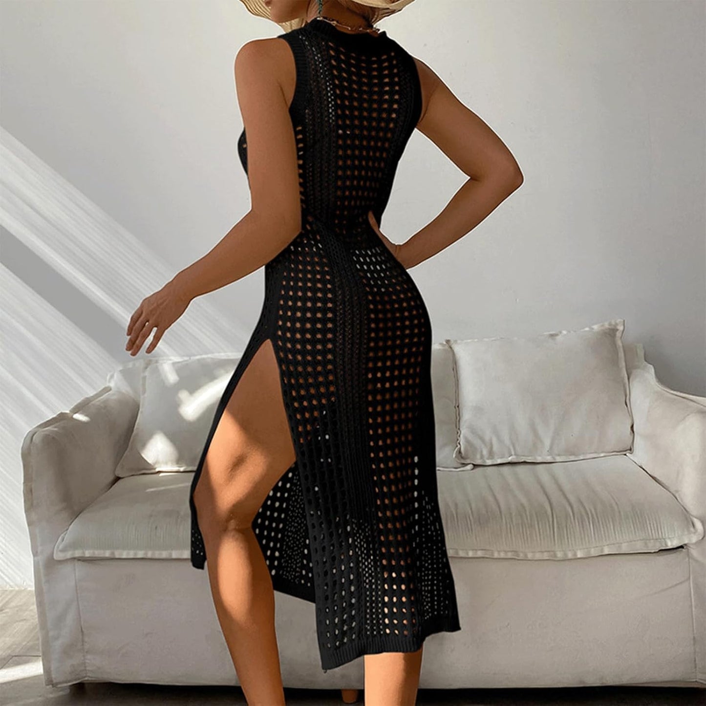 Vibecurve®Swimsuit Women Cover Up Round Neck Sleeveless Breathable Knitted Crochet Dress with High Side Slit