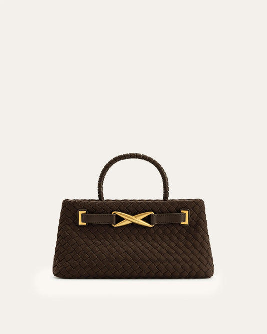 Elora Faux Suede Woven Tote Bag - Dark Brown