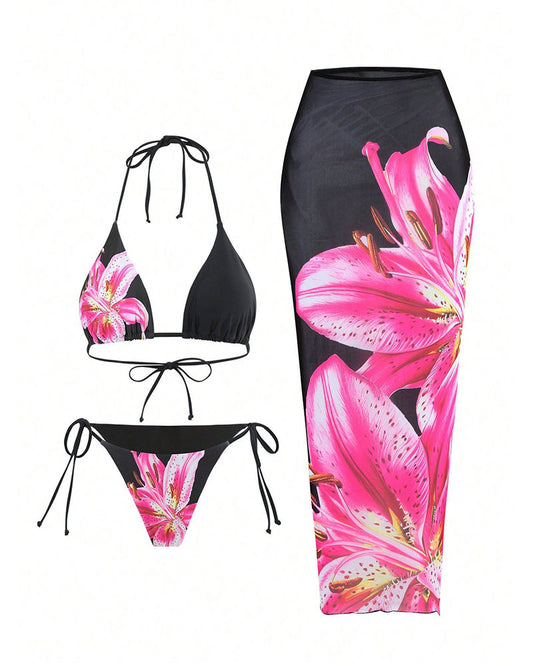 Vibecurve®  Women's Halter Triangle Bikini Sets Floral 3 Piece Swimsuit Bathing Suit Cover Up Long Skirt