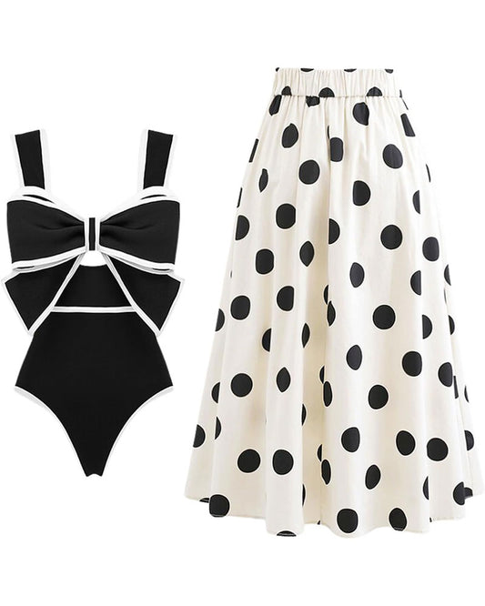 Vibecurve®Black and White Swimsuit Bow-tie Decor Women's Polka dot Print Skirt One Piece Bathing Suit with Skirt
