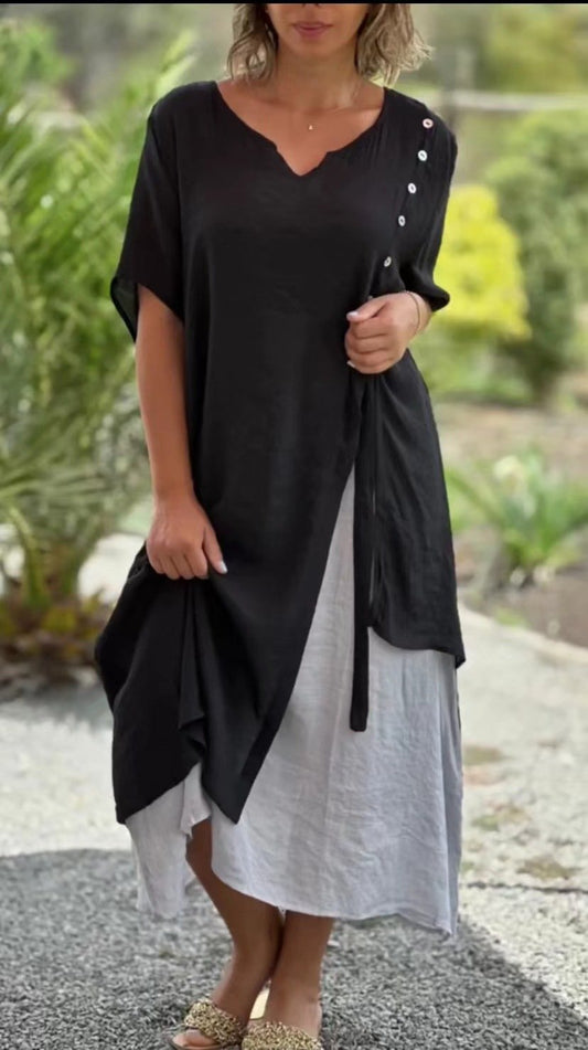 Designer Asymmetric Dress  V-neck Short-Sleeved