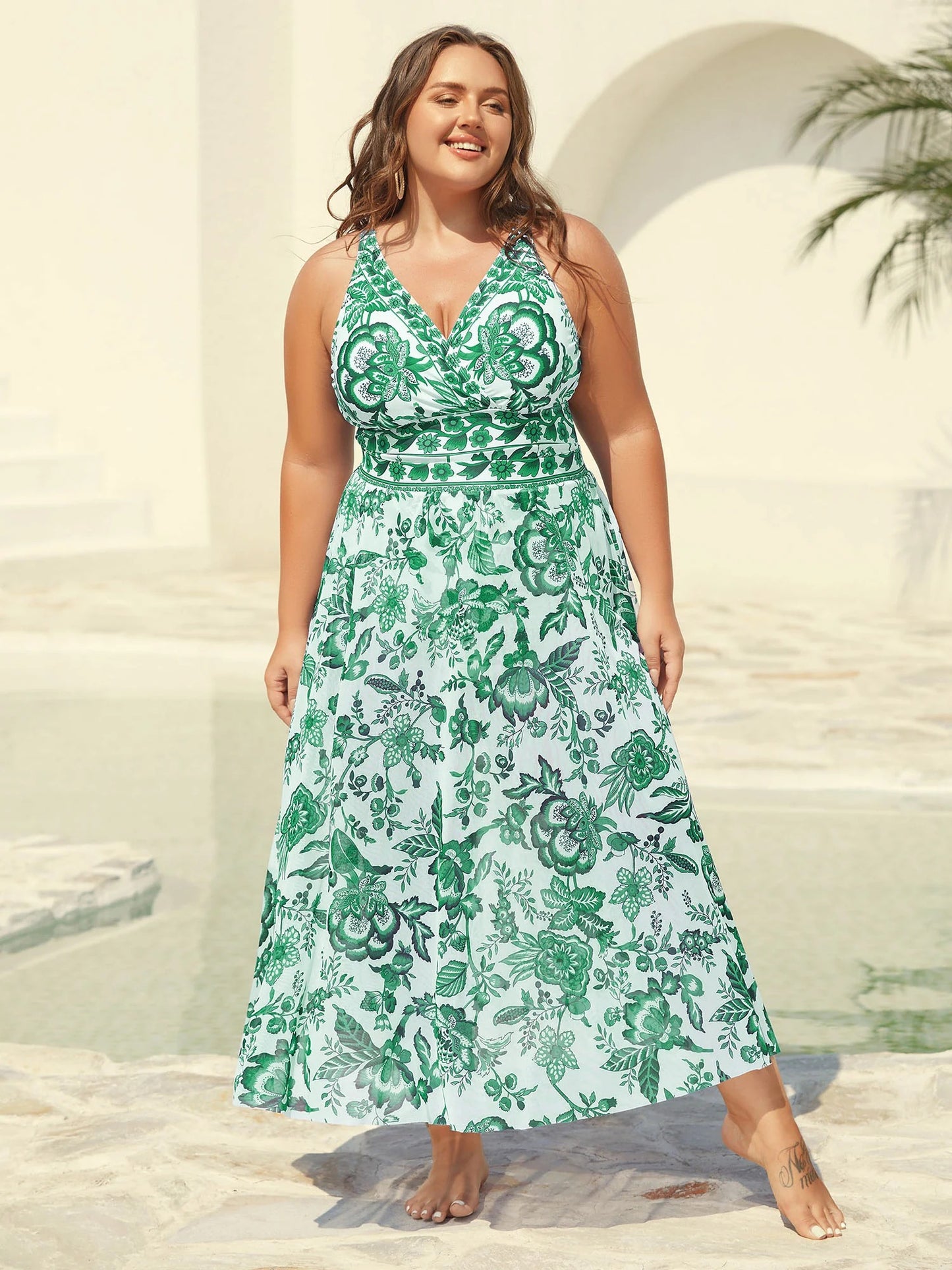 Vibecurve® Two-Piece Floral Print Ruched Mesh Swimsuit, Sarong