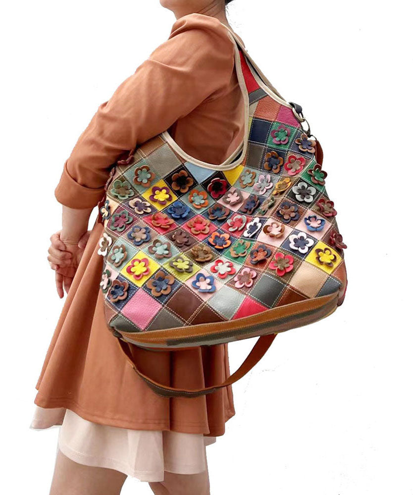 Stylish Multi Color Plaid Floral Patchwork Zippered Calf Leather Satchel BAG