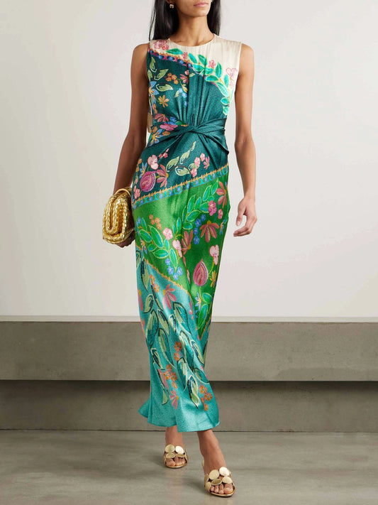 Exquisite Twisted Draped Floral Print Maxi Dress