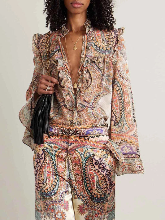 Exquisite Vintage Paisley Print Ruffled Set