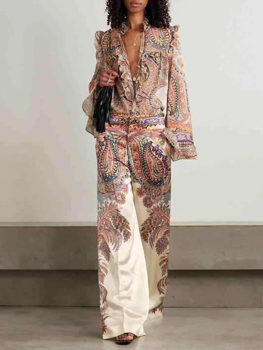 Exquisite Vintage Paisley Print Ruffled Set