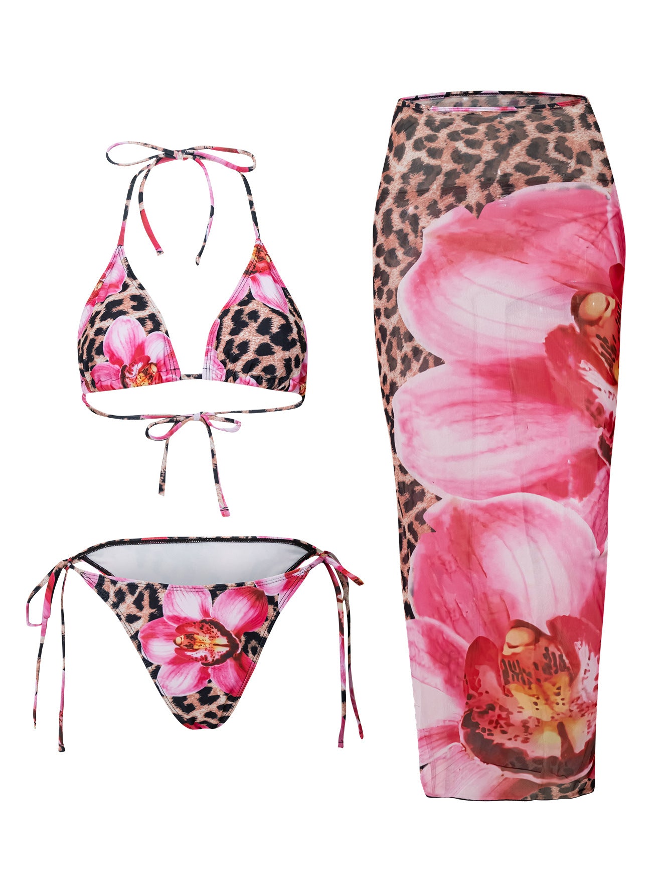 Vibecurve®  Women's Halter Triangle Bikini Sets Floral 3 Piece Swimsuit Bathing Suit Cover Up Long Skirt