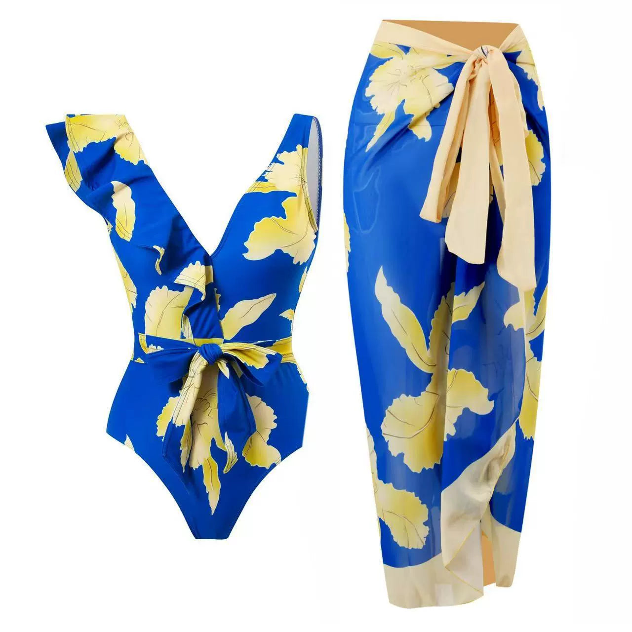 Vibecurve® Floral Print Ruffles Strap One Piece With Bathing Suit Wrap Skirt